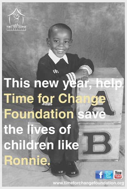 Young boy in a sweater and tie sits smiling on large alphabet blocks; text urges support for Time for Change Foundation to help children like Ronnie.