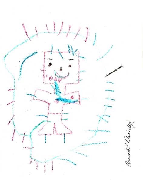 A childlike crayon drawing of a smiling person with blue and pink lines, holding what appears to be a toothbrush. Signature is visible on the right side.