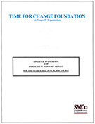 Cover page of a document titled "Time for Change Foundation," labeled as a nonprofit organization, with a logo for SVC Solutions visible at the bottom right corner.