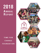 2018 Annual Report cover for Time for Change Foundation, featuring photos of diverse people, children, and community events arranged in hexagon shapes.
