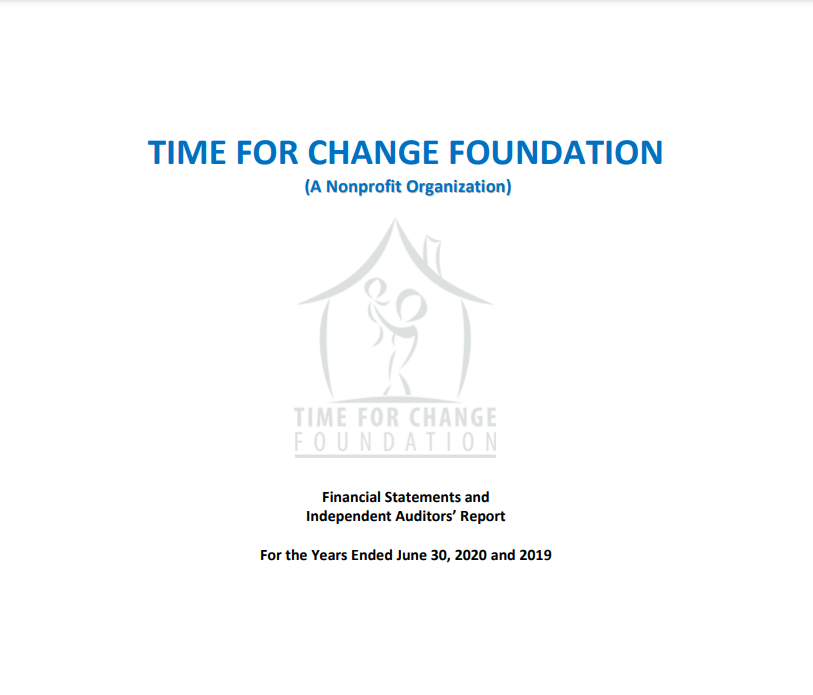 Cover page of Time For Change Foundation's financial statements and auditors' report for fiscal years ending June 30, 2020, and 2019, with foundation logo and title text.