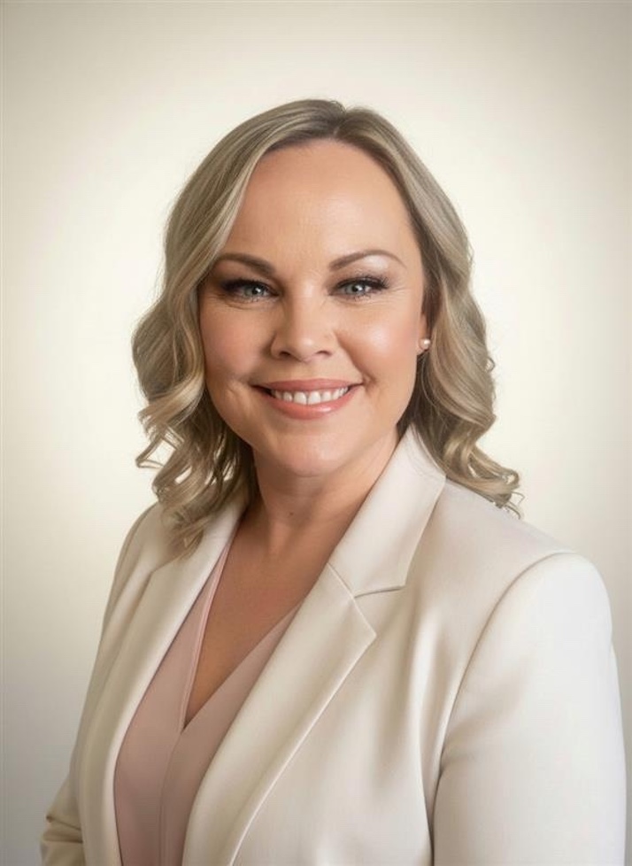 Woman with shoulder-length blonde hair wearing a light-colored blazer and top, smiling at the camera against a plain background.