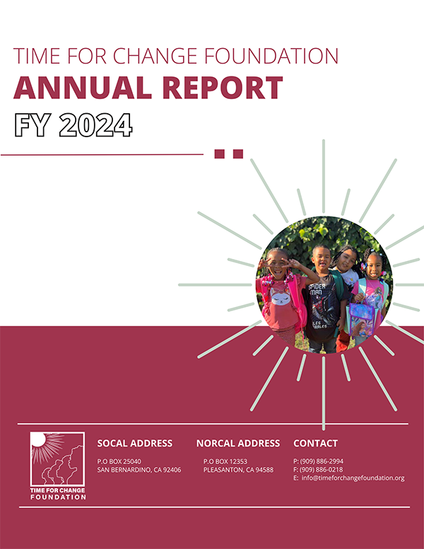 Cover of the Time for Change Foundation Annual Report FY 2024 featuring five smiling children outdoors and organization contact information.