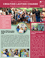 A newsletter page with photos of groups of people, headline “Creating Lasting Change,” and sections about a baby shower event and yoga classes.