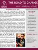 A newsletter titled "The Road to Change" features an article, a mission statement, and a photo of a smiling woman holding a baby.