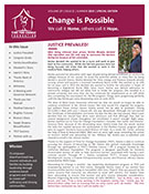 A newsletter page titled "Change is Possible" with a list of services on the left, main text in the center, and a small photo of a person in the upper right corner.
