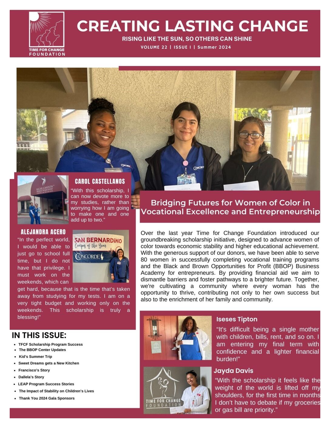 Three women stand smiling in front of a building. Text highlights scholarship support for women of color in vocational training and features recipient testimonials.