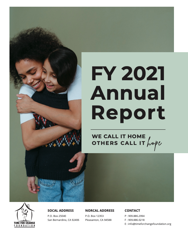 A woman hugs a smiling child from behind. Text reads “FY 2021 Annual Report: We call it home, others call it hope,” with organization contact information below.