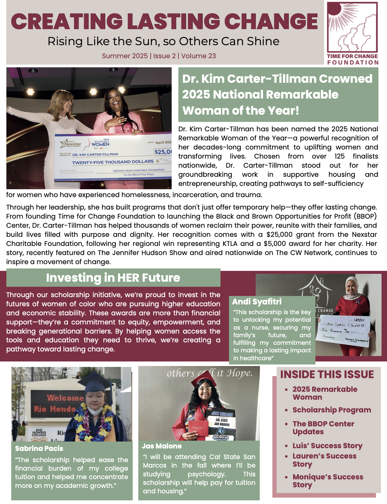 Dr. Kim Carter-Tillman holds an oversized check and stands with three others at an award ceremony, as highlighted on the front page of a newsletter about leadership and community impact.