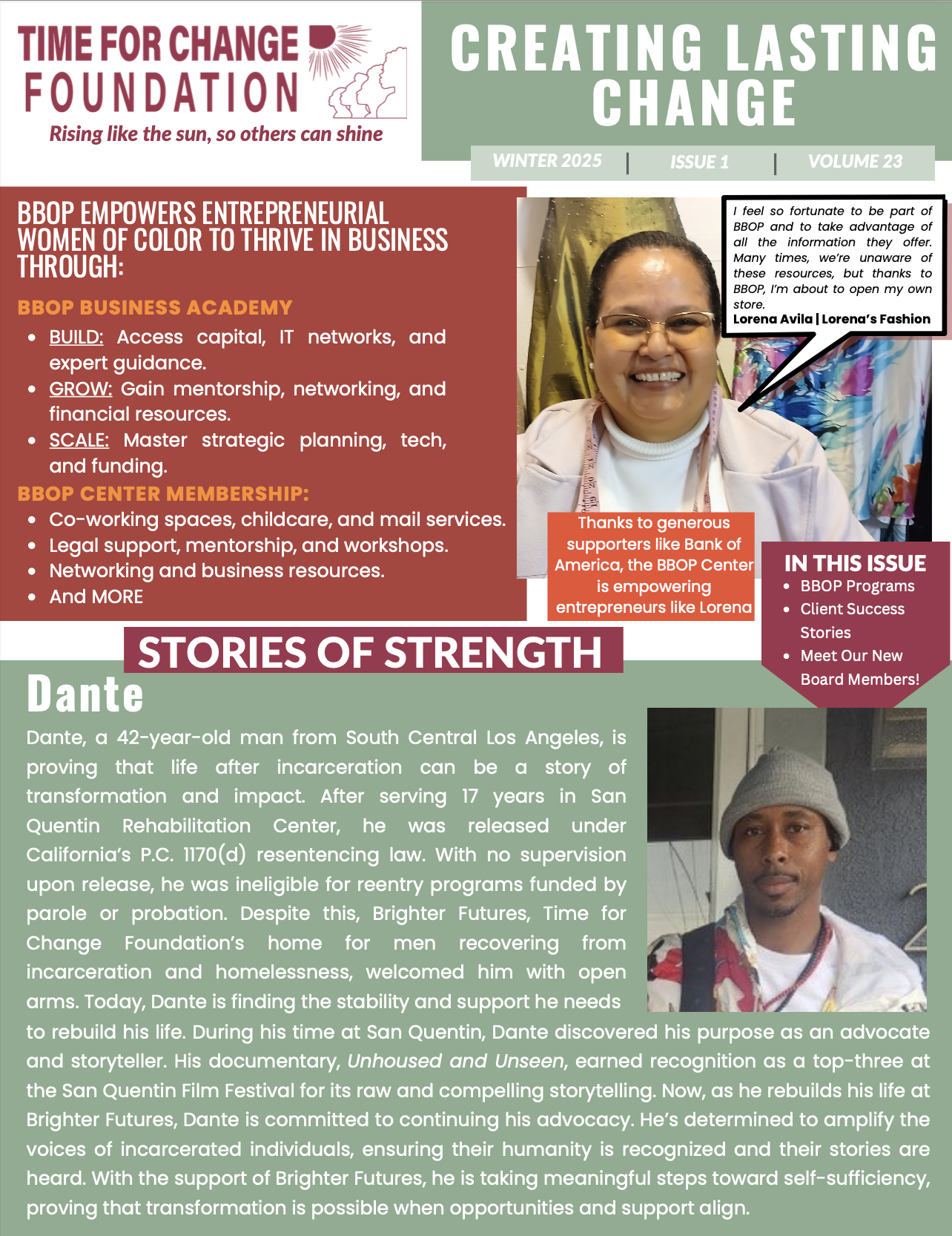 A magazine cover highlights BBOP’s work supporting women entrepreneurs, featuring photos of Lorena Avila Llorens-Fontán and Dante, and articles on business success and community impact.