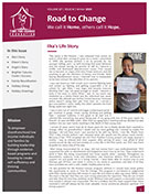 Newsletter page featuring an article titled "Ellie's Life Story" with a photo of a woman holding a document, a sidebar listing contents, and the Wichita Family Crisis Center logo.
