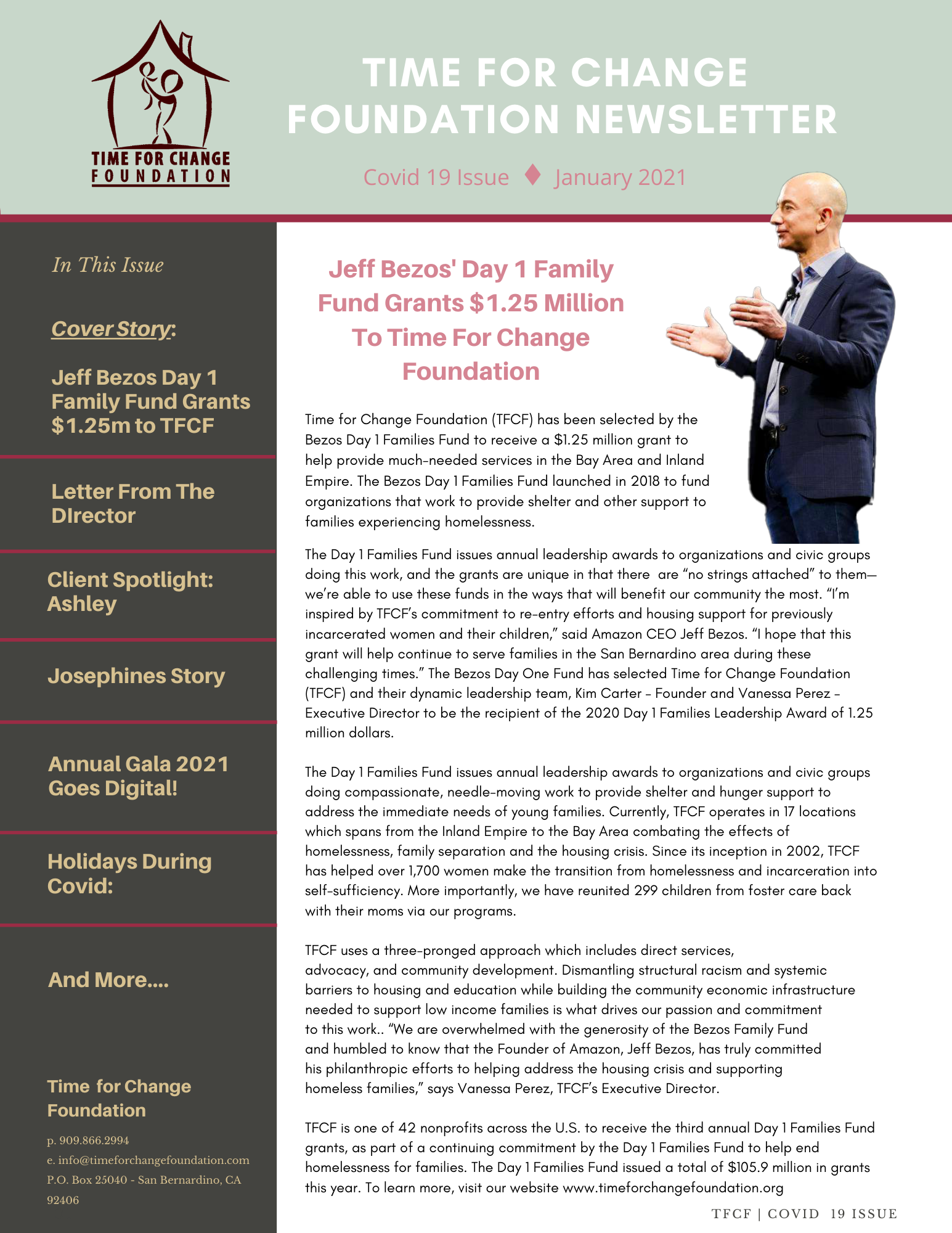 A newsletter page highlights a $1.25 million grant from Jeff Bezos’ Day 1 Family Fund to the Time For Change Foundation, with sections on programs and COVID-19 updates.