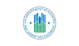 Logo of the U.S. Department of Housing and Urban Development featuring stylized blue and green buildings, two stars, and text in a circular arrangement.