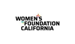 Logo for Women's Foundation California featuring bold black text on a light background with small colorful plus signs near the letters.