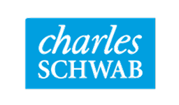The Charles Schwab logo features the company name in white text on a blue rectangular background.
