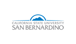 Logo of California State University, San Bernardino, featuring a blue mountain graphic above the university name in uppercase letters.