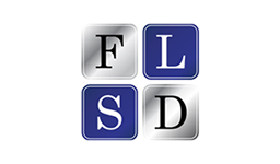 Four square tiles arranged in a 2x2 grid display the letters F, L, S, and D, with F, S, and D on metallic backgrounds and L on a blue background.
