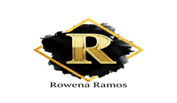 A gold letter "R" on a black brushstroke background with a gold diamond border, with the text "Rowena Ramos" below.