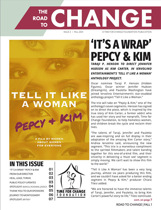A newsletter cover featuring headlines about "Tell It Like A Woman," directed by Taraji P. Henson, with sections on women's stories and the Time for Change Foundation logo at the bottom.