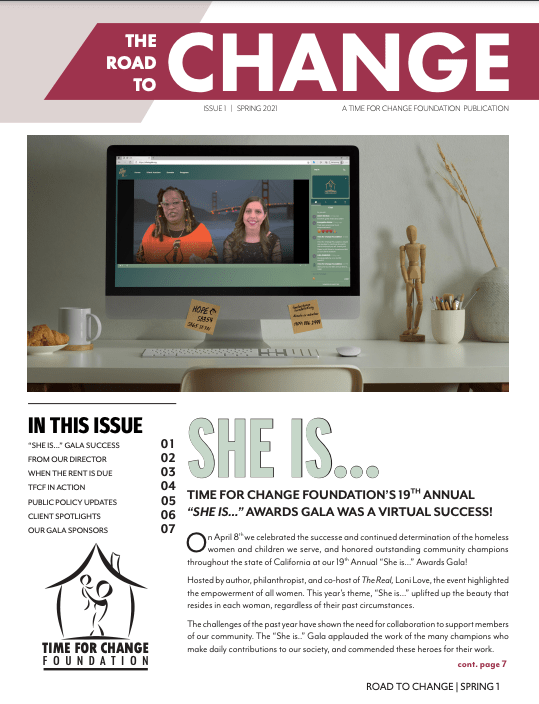 Two women speak in a virtual meeting displayed on a laptop, with the "Time for Change Foundation" logo and magazine headlines visible around the image.