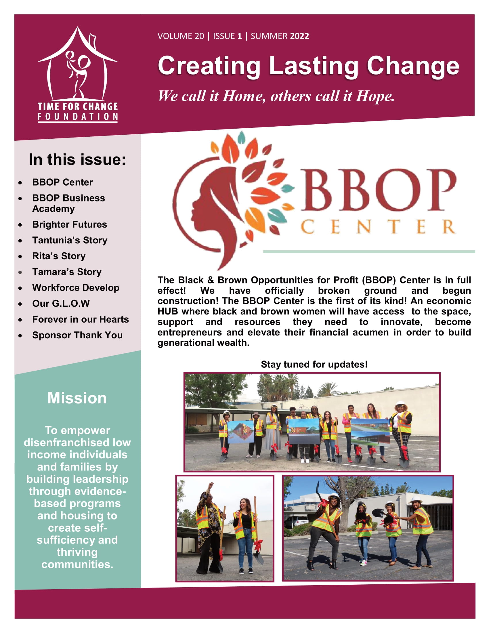 Newsletter for the Time for Change Foundation featuring the BBOP Center launch, mission statement, updates, and a photo of women holding a ribbon for a ribbon-cutting ceremony.