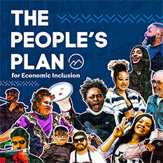 A diverse group of people stand together, some smiling and some holding a megaphone, with the text "The People's Plan for Economic Inclusion" on a blue background.