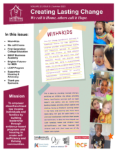 Newsletter cover featuring the title "Creating Lasting Change," images of children, a mission statement, and highlighted section titled "WISH4KIDS" with text and colorful accents.